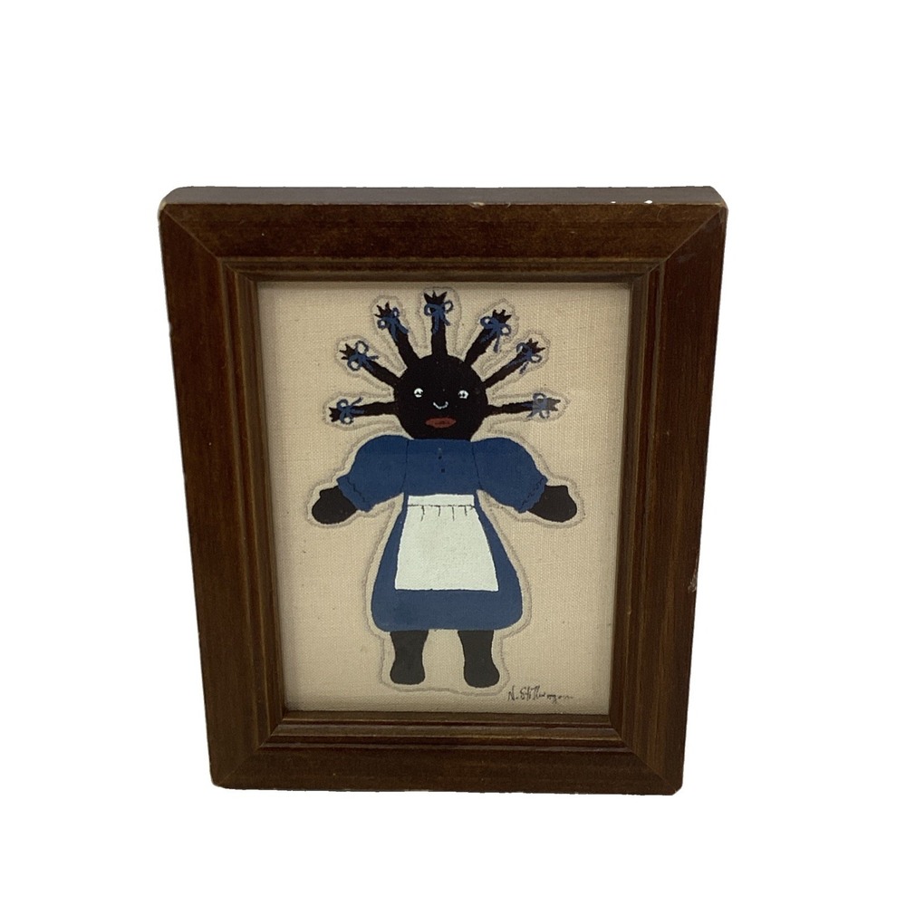 Nancy Stillwagon Folk Art Hand Painted,Stitched Linen Framed Wall Art Miniature
